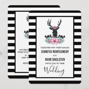 Invitation Mariage tête de cerf noir avec fleurs et montagnes