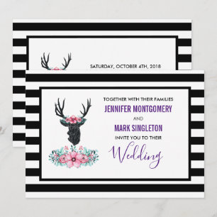 Invitation Mariage Tête de Cerf Noir avec Fleurs Roses