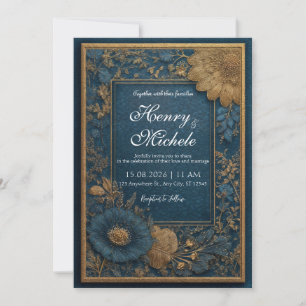 Invitation Mariage Texturé Botanique Bleu Nuit Sarcelle Doré