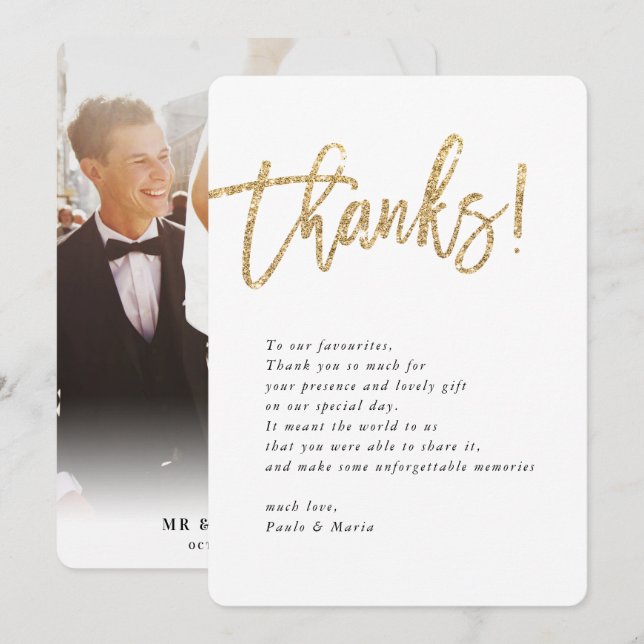 Invitation MARIAGE THANKS photo or parties scintillant messag (Devant / Derrière)