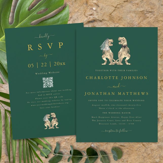 Invitation Mariage Thème Dinosaure Vert Or Code QR (Dinosaur theme wedding dark green gold beige qr code invitation T-Rex bride & groom Modern elegant)