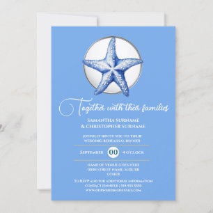 Invitation Mariage thème étoile de mer bleu blanc argent bord