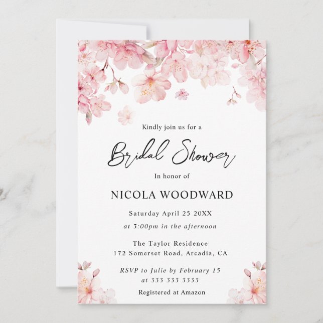 Invitation Mariage Thème Fleurs de Cerisier Aquarelle (Devant)