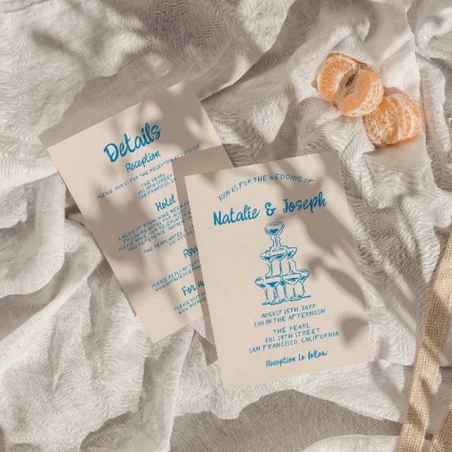 Invitation Mariage Tour Champagne Bleu Dessiné À La Main (Créateur téléchargé)