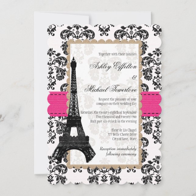 Invitation Mariage Tour Eiffel en damas rose vif et noir (Devant)