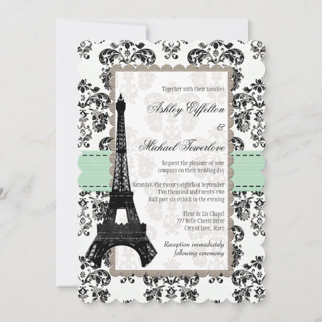 Invitation Mariage Tour Eiffel en vert menthe et noir (Devant)