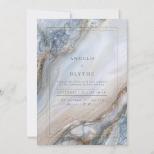 Invitation Mariage Tourbillon Agate Marbre Bleu Doré