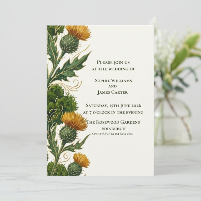 Invitation Mariage Tourbillon Doré Chardon Jaune Écossais (Debout devant)