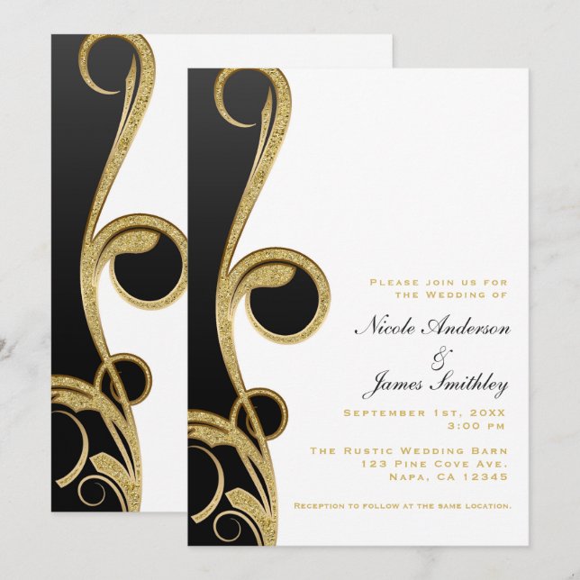 Invitation Mariage Tourbillon Élégant Chic Or Noir Blanc (Devant / Derrière)