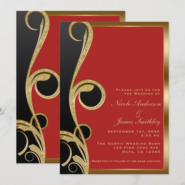Invitation Mariage Tourbillon Élégant Moderne Noir Rouge & Or (Devant / Derrière)