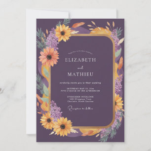 Invitation Mariage Tournesol Eucalyptus Or et Prune