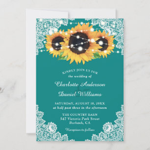 Invitation Mariage Tournesol Rustique Sarcelle en Dentelle