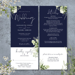 Invitation Mariage tout compris bleu marine botanique floral