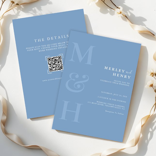 Invitation Mariage Tout Compris Code QR Monogramme Bleu Pouss (Créateur téléchargé)