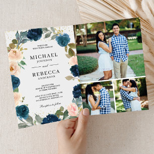 Invitation Mariage tout en un code QR floral bleu marine et p