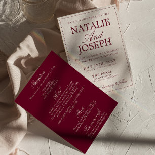 Invitation Mariage Tout En Un Crème Bourgogne Rétro Argent De