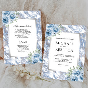 Invitation Mariage Tout en Un Fleur de Marbre Bleu Poussiéreu