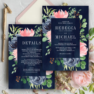 Invitation Mariage Tout en Un Fleur Rose Bleu Nuit