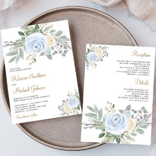 Invitation Mariage Tout en Un Fleurs d'Ivoire Bleu Poussiéreu