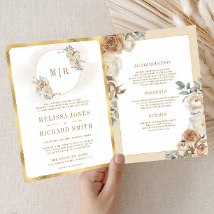 Invitation Mariage Tout en Un Ivoire Beige Fleurie Or
