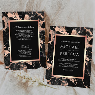 Invitation Mariage Tout en Un Noir Charbon Marbre Or Rose