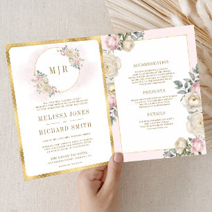 Invitation Mariage Tout en Un Rose Ivoire Floral Or