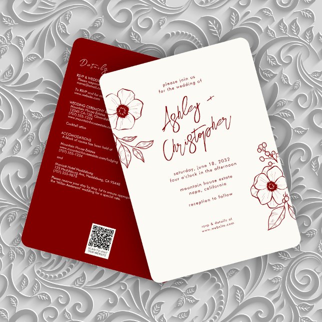 Invitation Mariage tout-en-un rouge floral minimal (Créateur téléchargé)