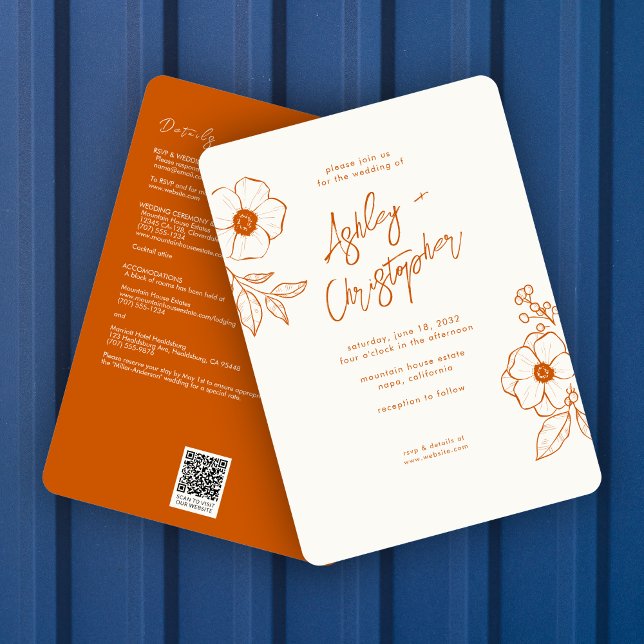 Invitation Mariage tout-en-un végétal orange végétal minimal (Créateur téléchargé)