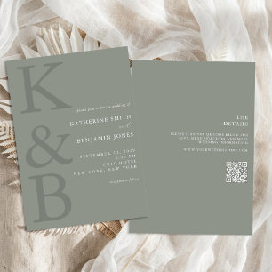 Invitation Mariage Tout en Un Vert Sauge Moderne Monogramme