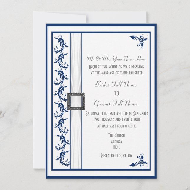 Invitation Mariage traditionnel bleu marine simple et blanc (Dos)