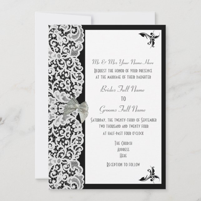 Invitation Mariage traditionnel dentelle noire et blanche (Dos)