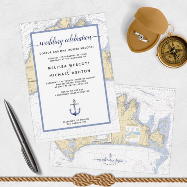 Invitation Mariage traditionnel du vignoble de Martha nautiqu (Martha's Vineyard Nautical Wedding Invitations)