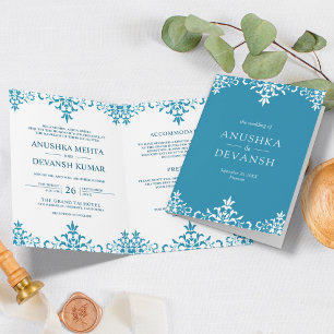 Invitation Mariage traditionnel indien élégant bleu damassé