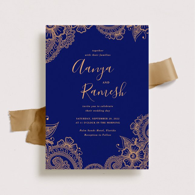 Invitation Mariage traditionnel Royal Blue et Gold Mehndi (Créateur téléchargé)