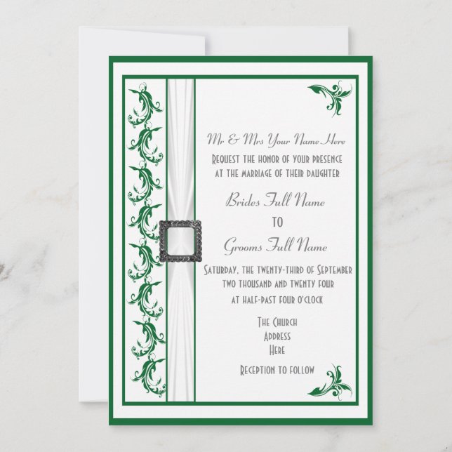 Invitation Mariage traditionnel vert et blanc simple (Dos)