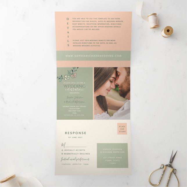 Invitation Mariage Tri-Fold vert Peach Sage (Intérieur)