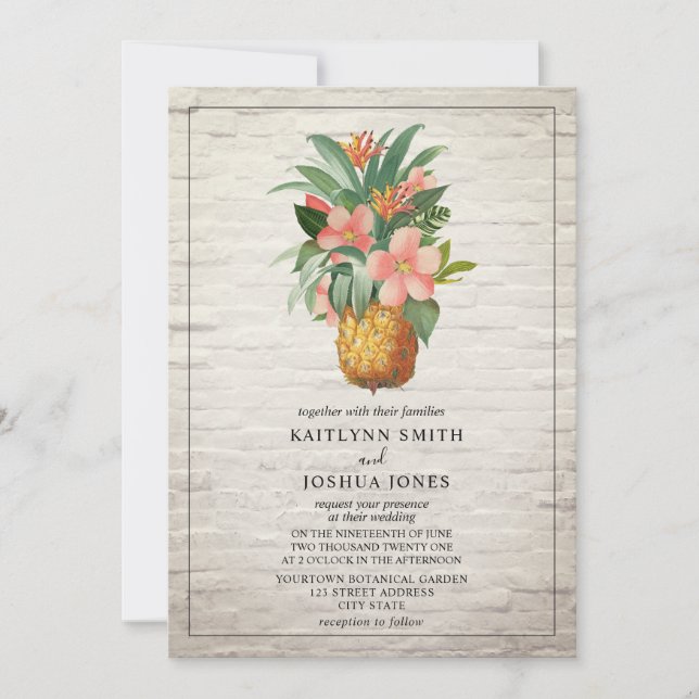 Invitation Mariage tropical à ananas floral blanc (Devant)