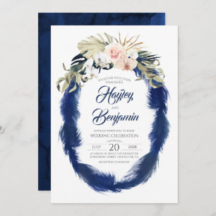 Invitation Mariage Tropical bleu et rose Pampas Grass Navy