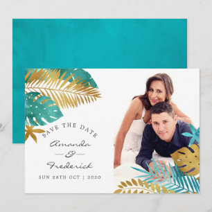 Invitation Mariage Tropical Bleu Turquoise et Or - Enregistre