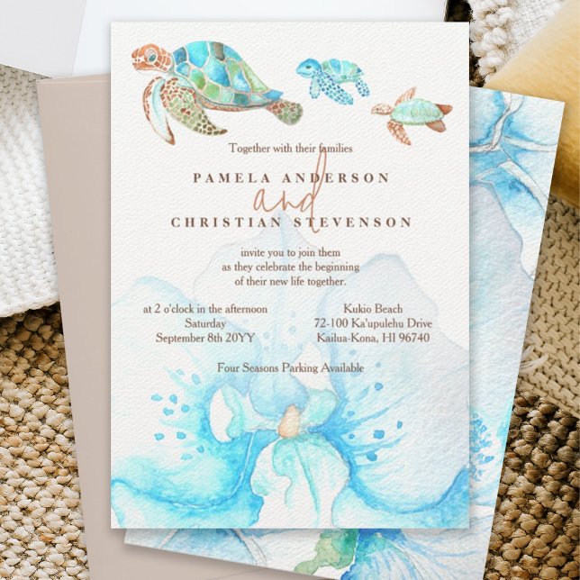 Invitation Mariage Tropical Blue Orchid & Sea Turtles (sea turtle wedding invitation, blue watercolor orchid, tropical malibu blue, beach wedding, ocean)