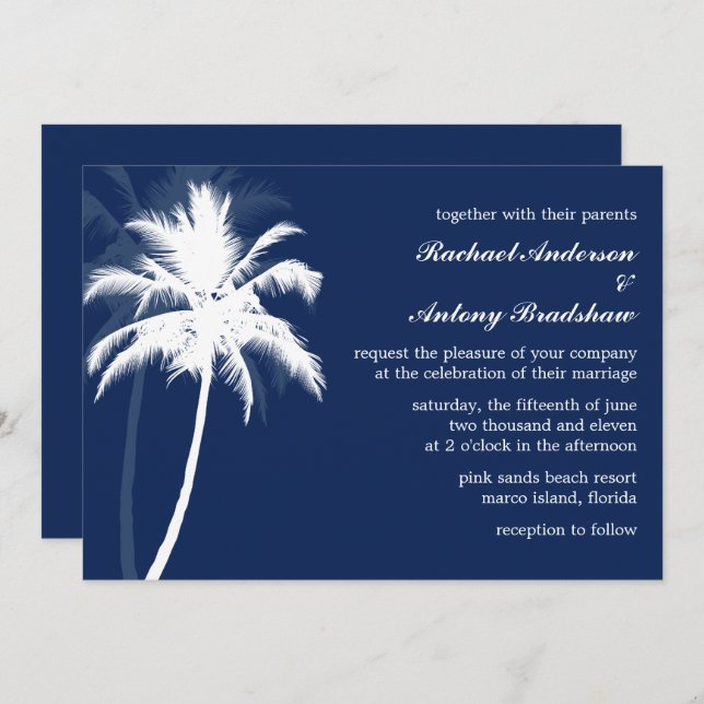 Invitation Mariage Tropical Breeze Blue Palm Trees (Devant / Derrière)