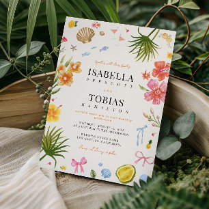 Invitation Mariage tropical côtier fleurs dessinées à la main