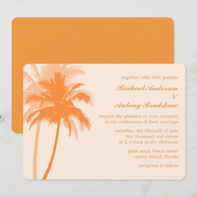 Invitation Mariage tropical des palmiers oranges (Devant / Derrière)