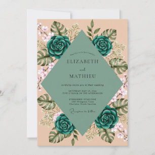 Invitation Mariage Tropical Feuillage Eucalyptus Pêche