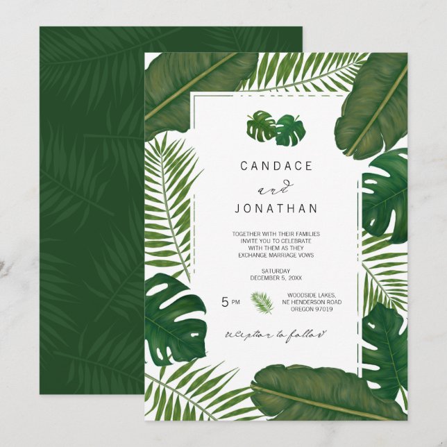 Invitation Mariage tropical Feuille peint (Devant / Derrière)