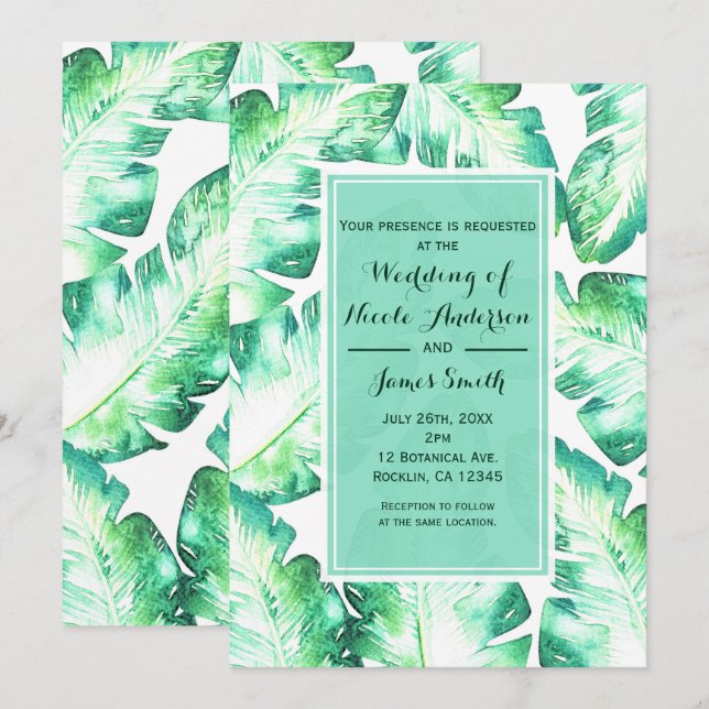 Invitation Mariage Tropical Feuilles Blanches et Vertes Bord  (Devant / Derrière)