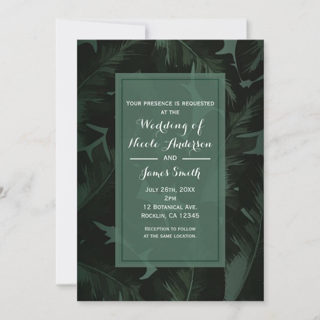 Invitation Mariage Tropical Feuilles Chic Vert & Noir (Devant)
