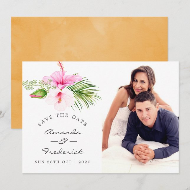 Invitation Mariage Tropical Floral de Plage - Enregistrez la  (Devant / Derrière)