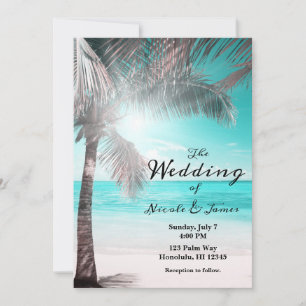 Invitation Mariage Tropical Glam Rose Bleu Aqua Palmier Plage