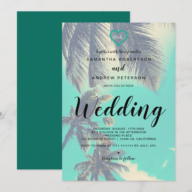 Invitation Mariage tropical moderne de photo de recouvrement (Devant / Derrière)